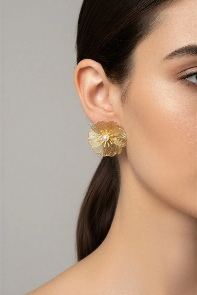 Transparan Çiçek Model Gold Altın Kaplama Küpe