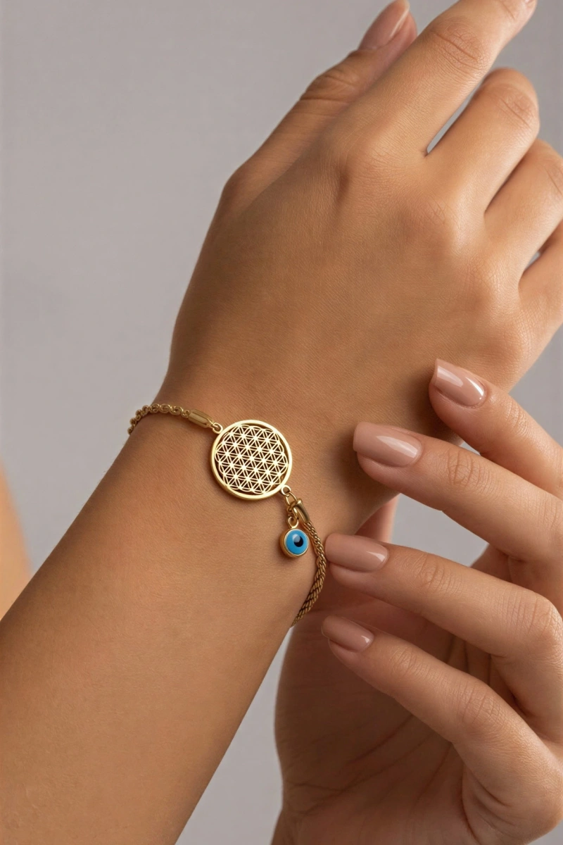 Burgu Model Yaşam Çiçeği Detay Gold Altın Kaplama Çelik Bileklik