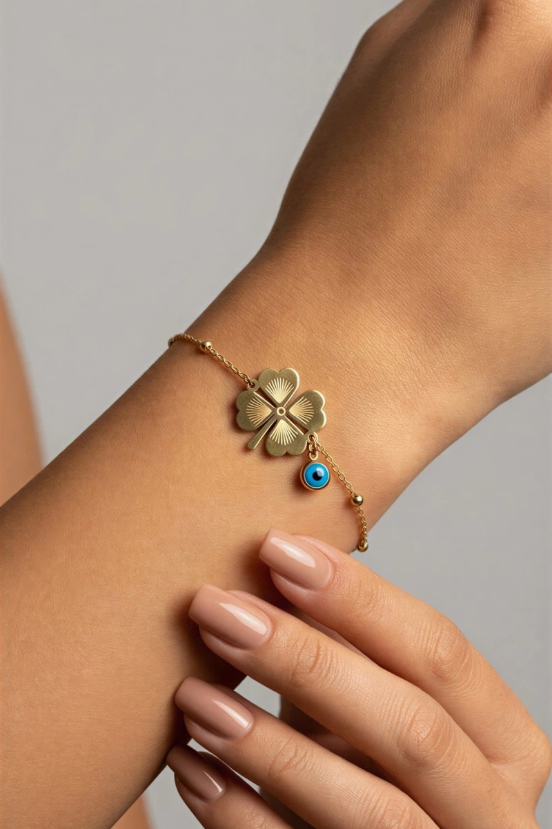 İnce Düz Zincir Yonca Model Gold Altın Kaplama Çelik Bileklik