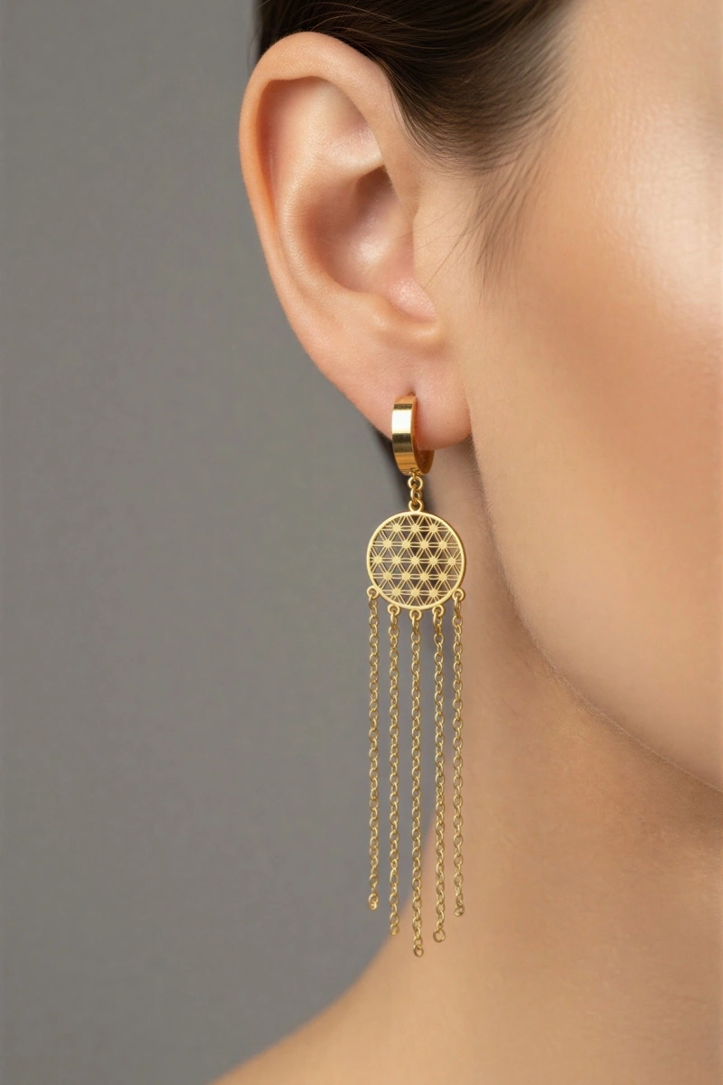 Sarkıt Yaşam Çiçeği Model Gold Altın Kaplama Çelik Küpe