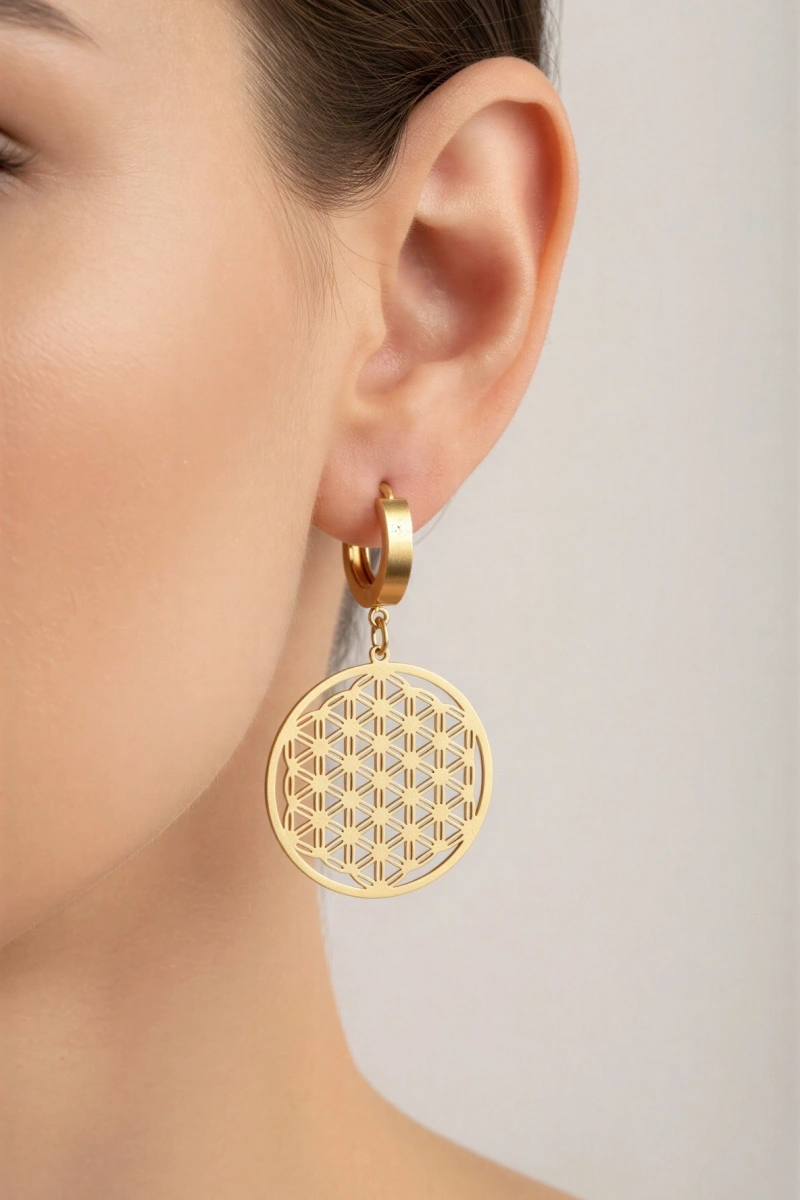 Yaşam Çiçeği Model Gold Altın Kaplama Çelik Küpe