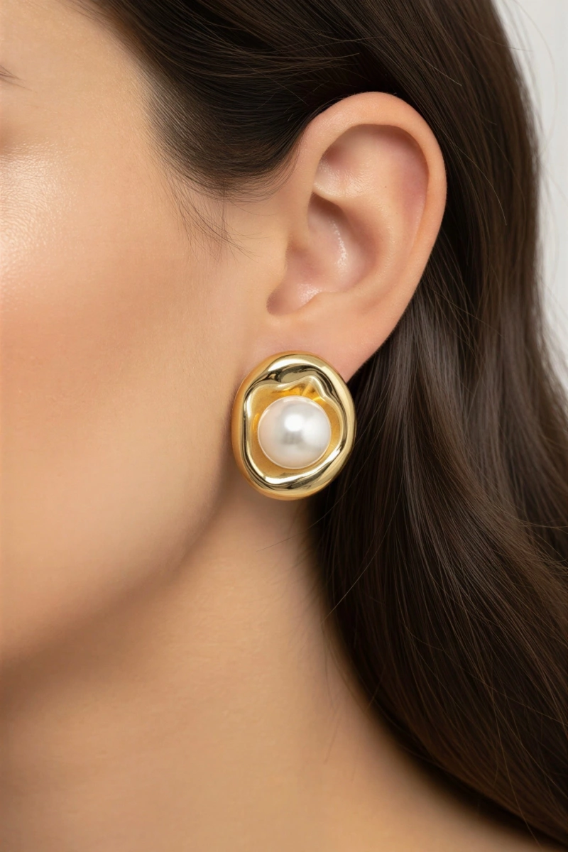 İnci Detay Halka Model Gold Altın Kaplama Çelik Küpe