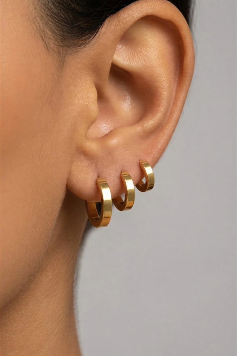 Çoklu Halka Model Gold Altın Kaplama Çelik Küpe