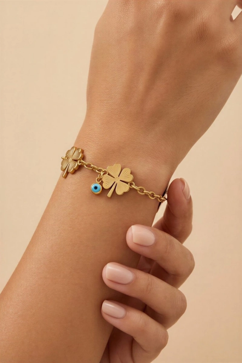 Çift Yonca Model Nazar Boncuğu Detay Gold Altın Kaplama Çelik Bileklik