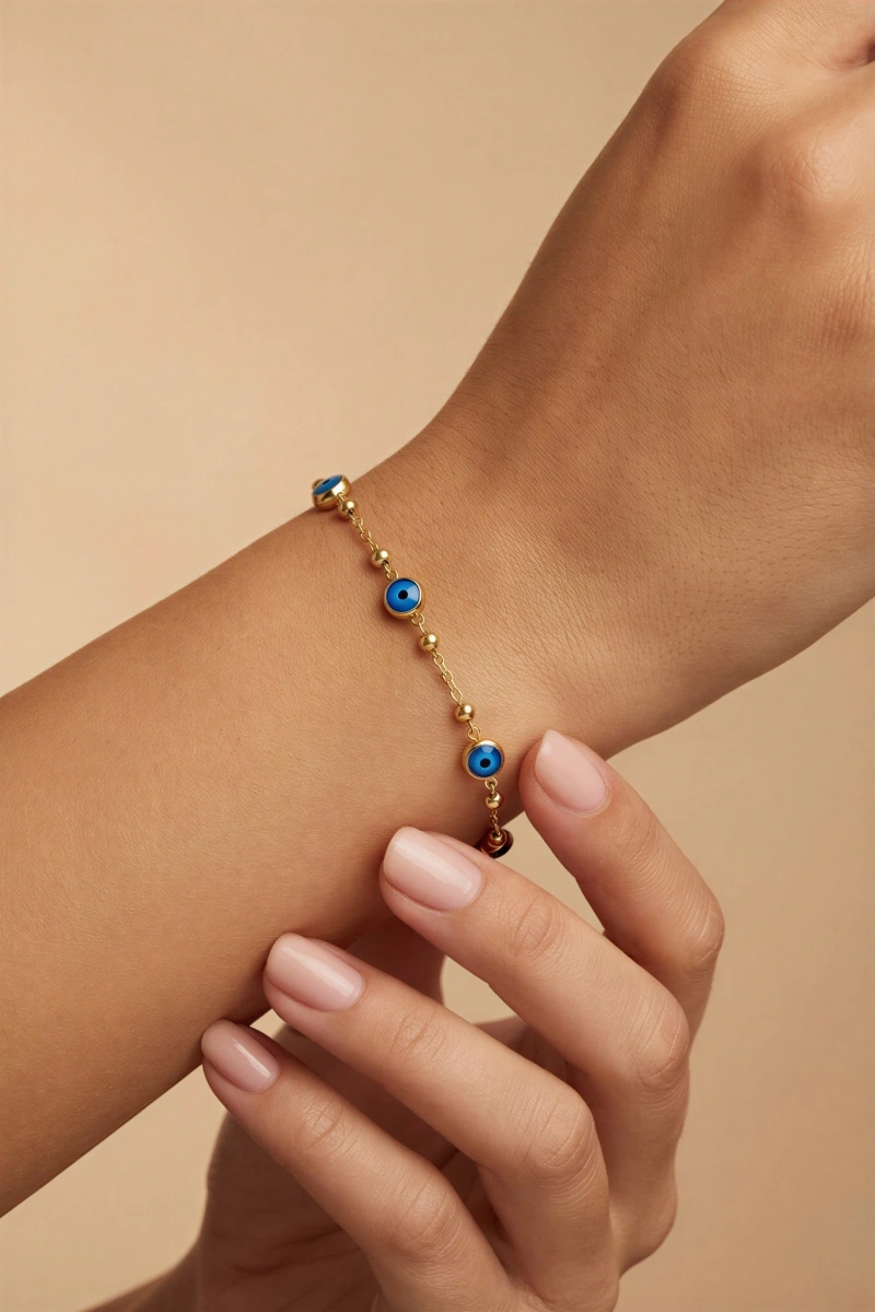 Sıralı Nazar Boncuk Model Gold Altın Kaplama Bileklik