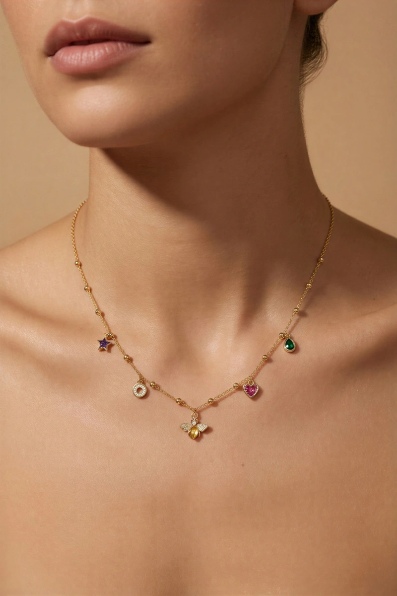 Dorika Zincir Renkli Charm Detay Gold Altın Kaplama Kolye