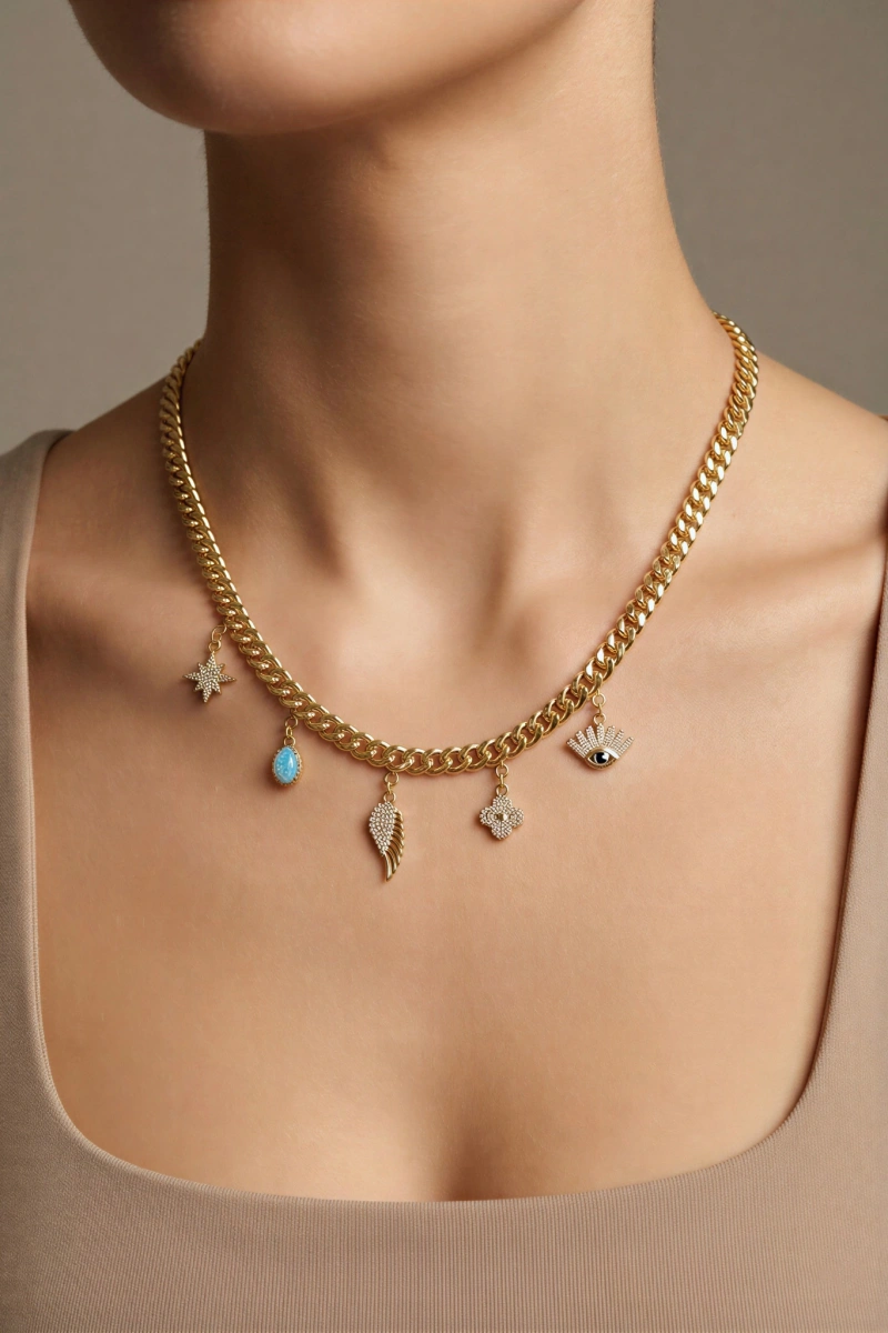 İnce Ezik Bağlı Zincir Renkli Charm Detay Gold Altın Kaplama Kolye