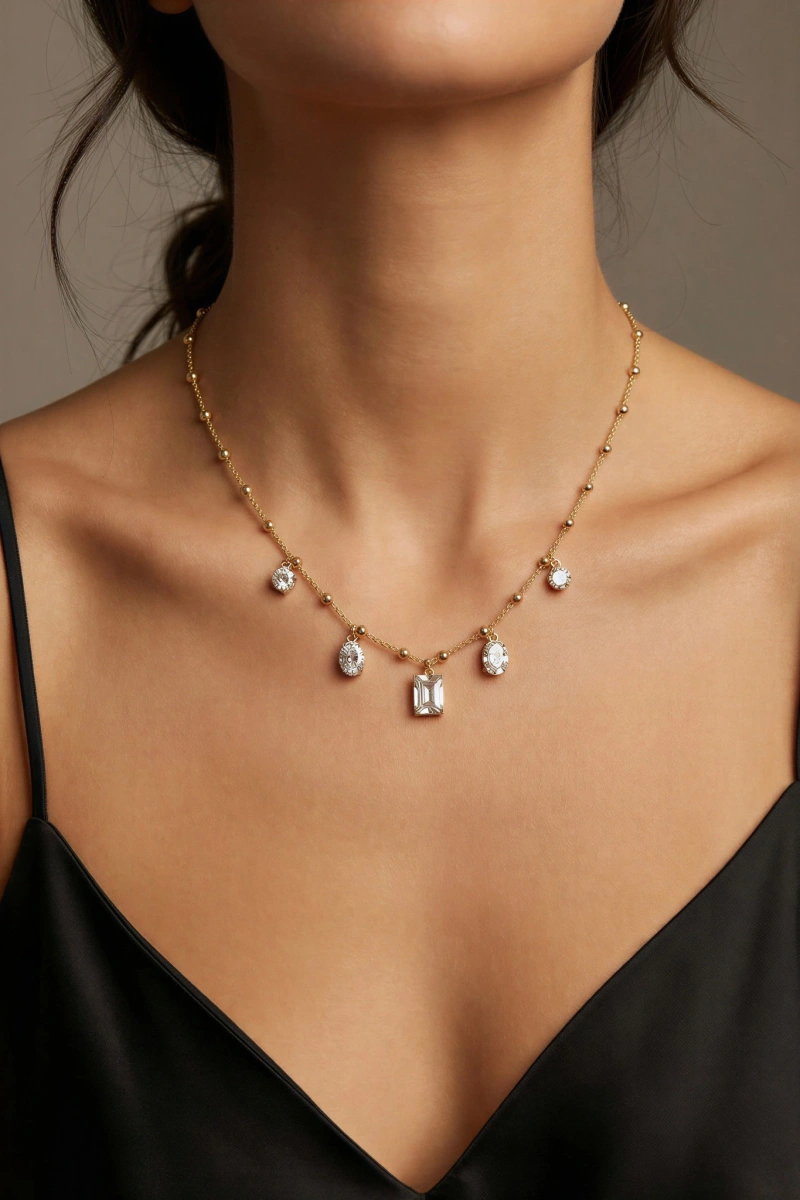 Çoklu Taş Detay Gold Altın Kaplama Kolye