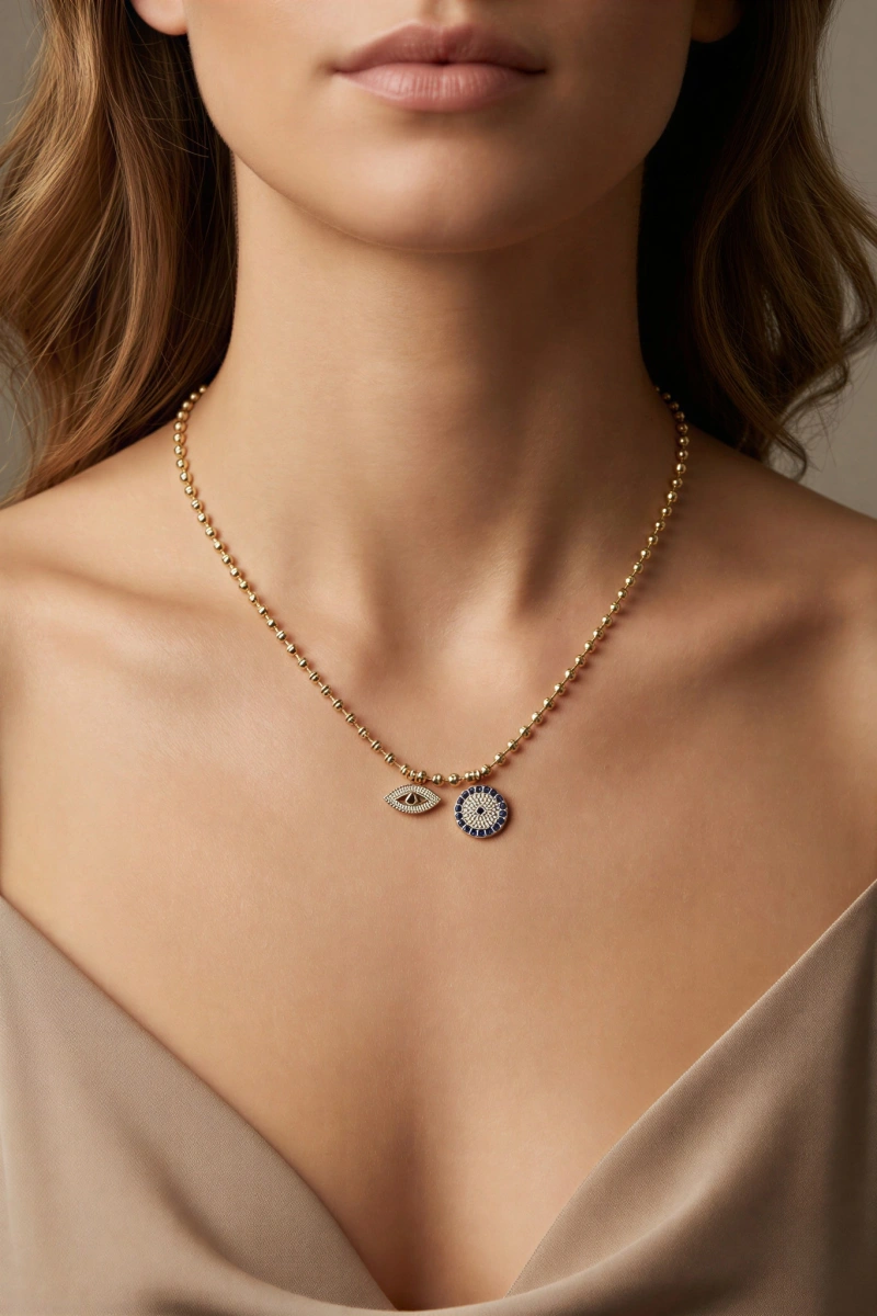 Dorika Zincir Nazar Boncuğu Model Gold Altın Kaplama Kolye