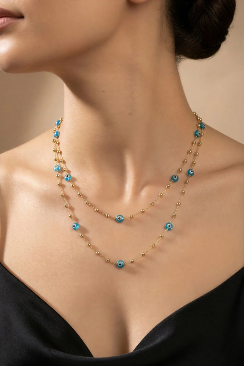 Uzun Dorika Zincir Nazar Boncuk Detay Gold Altın Kaplama Kolye