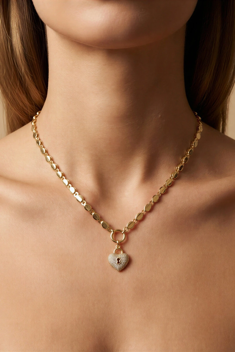 Pul Zincir Taşlı Kalp Model Gold Altın Kaplama Kolye