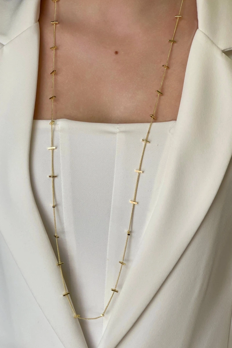 Uzun Blok Model Gold Altın Kaplama Kolye