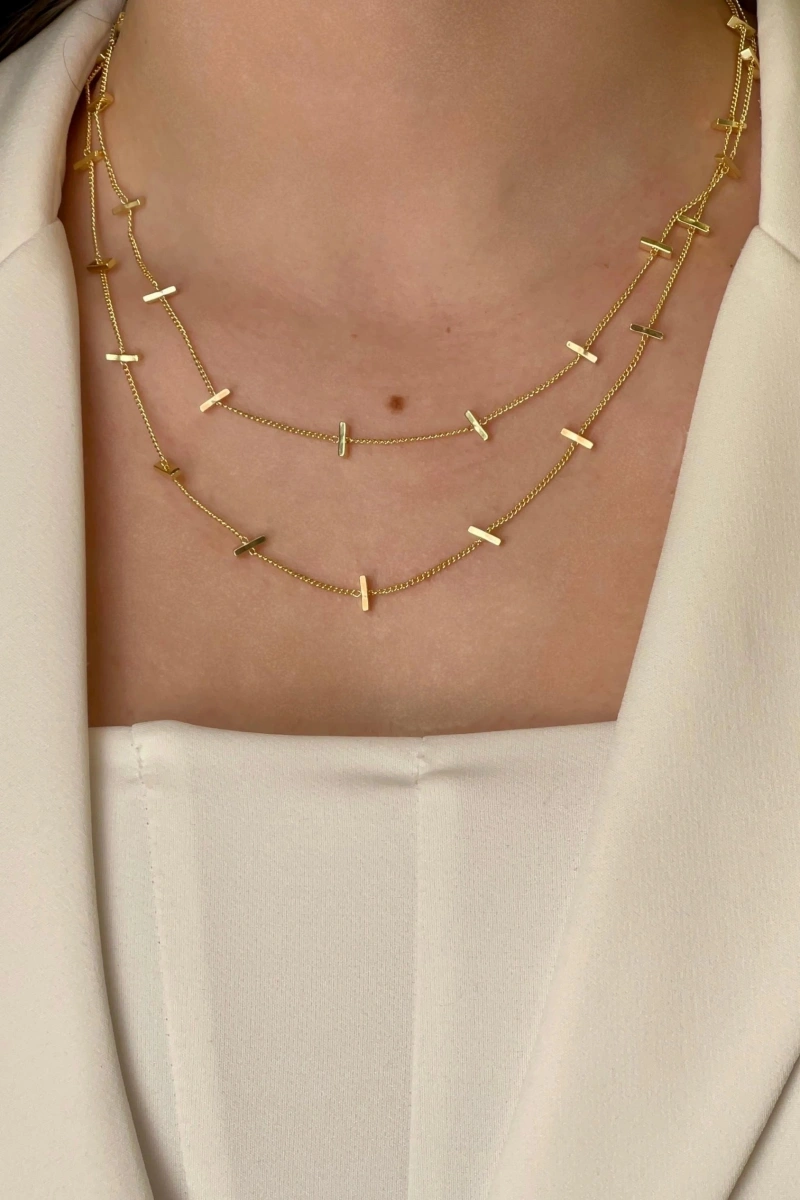 Uzun Blok Model Gold Altın Kaplama Kolye