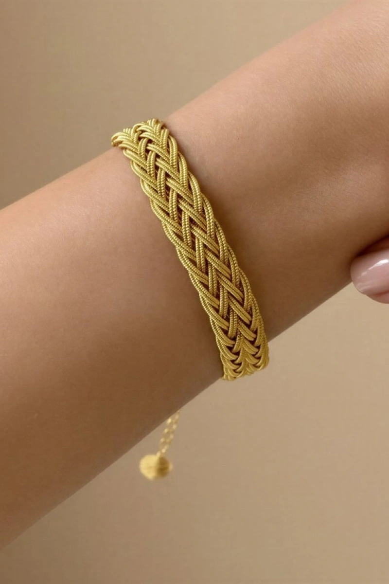 Çift Sıra Hasır Geçme Model Gold Altın Kaplama Kuyumcu Bileklik