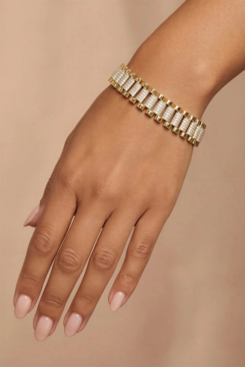 Sıralı Taş Detay Ray Model Gold Altın Kaplama Bileklik