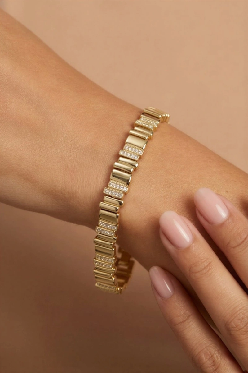 Asimetrik Taş Detay Gold Altın Kaplama Bileklik