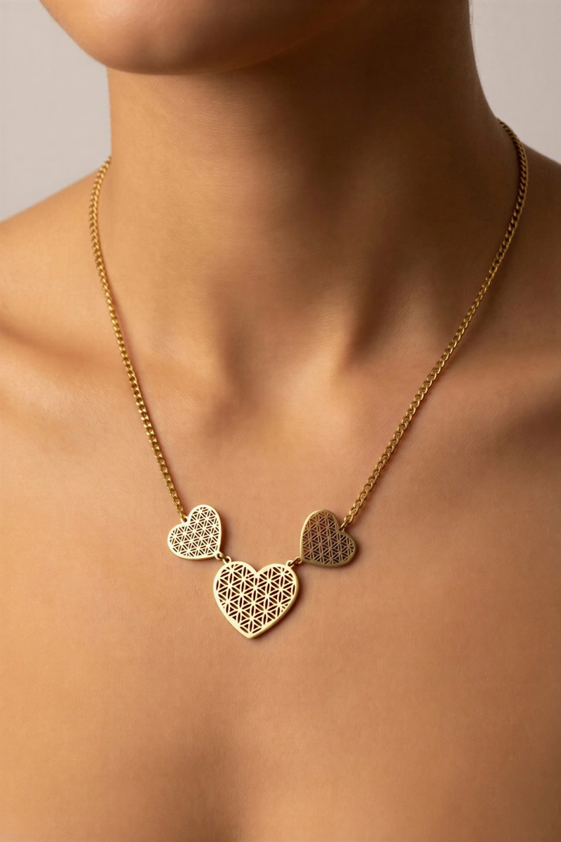 Üç Kalp Düz Zincir Gold Altın Kaplama Bileklik