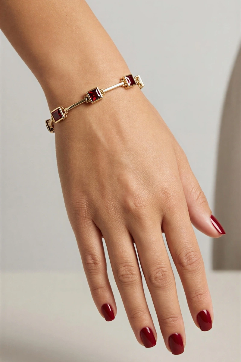 Kırmızı Kare Geçişli Gold Altın Kaplama Bileklik