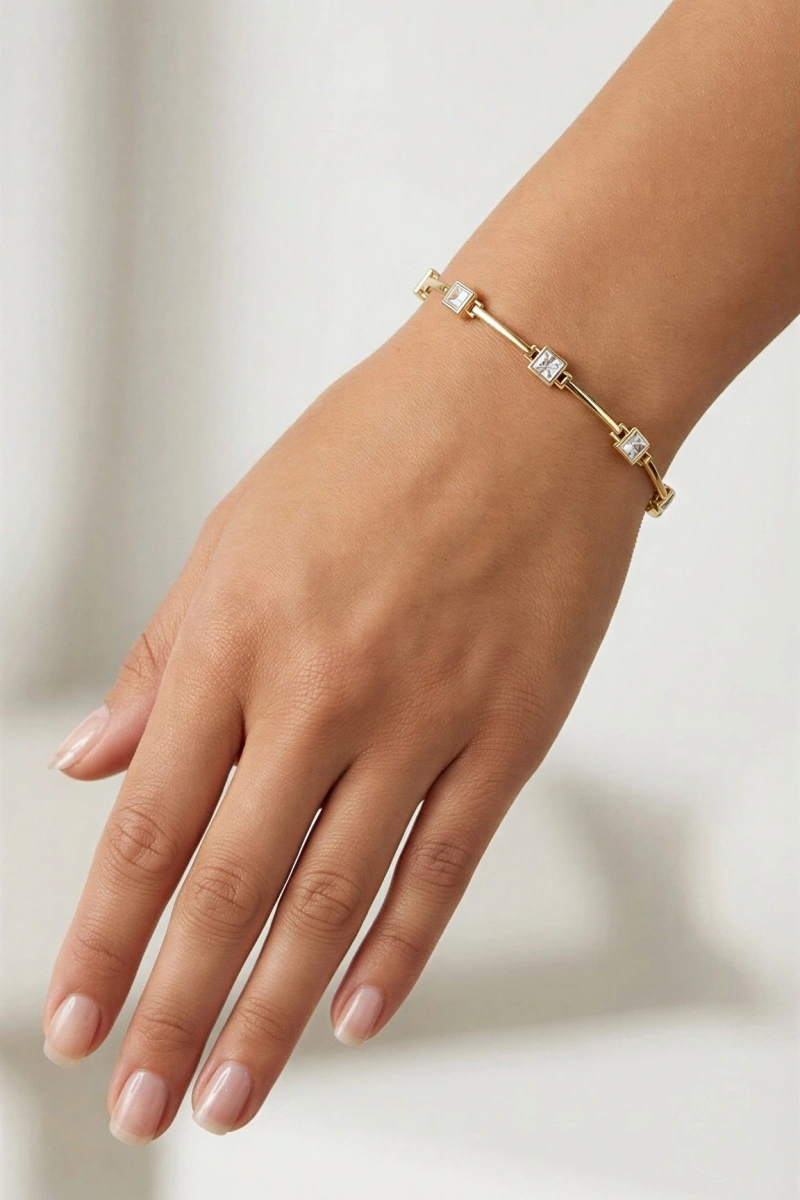 Cam Kare Geçişli Gold Altın Kaplama Bileklik