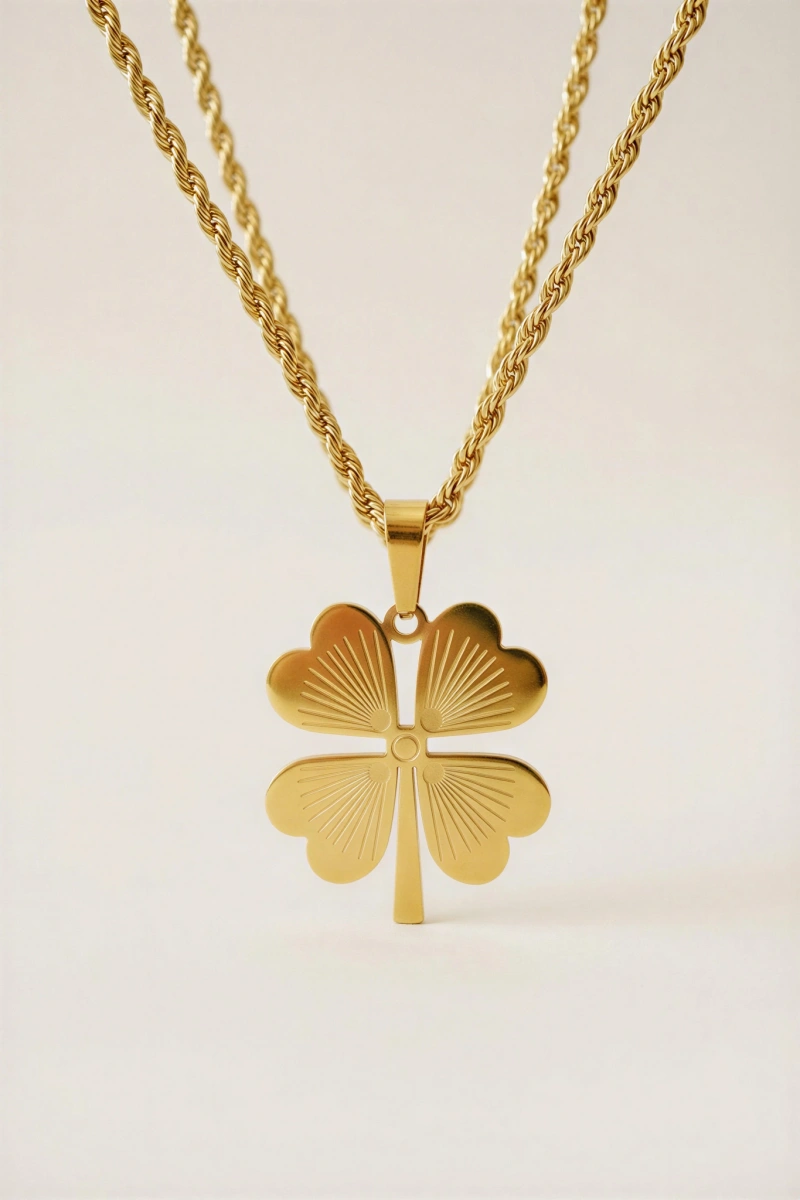 Uzun Zincir ORTA Yonca Detay Gold Altın Kaplama Kolye