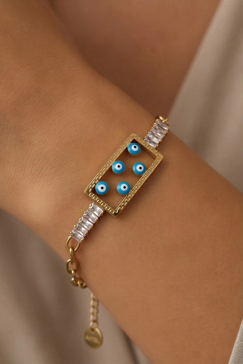 Düz Zincir Göz Model Baget Taş Gold Altın Kaplama Çelk Bileklik