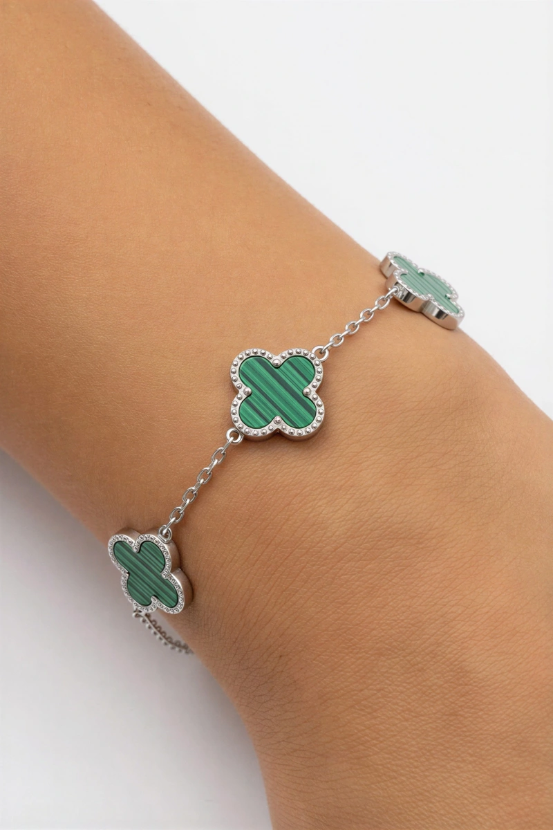 VAC Model Yeşil Sedef Beyaz Altın Kaplama Çelik Bileklik