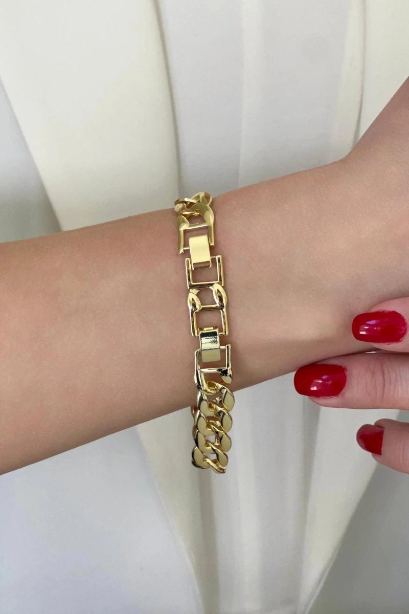 Ezme Zincir Yarı Taşlı Model Gold Altın Kaplama Bileklik