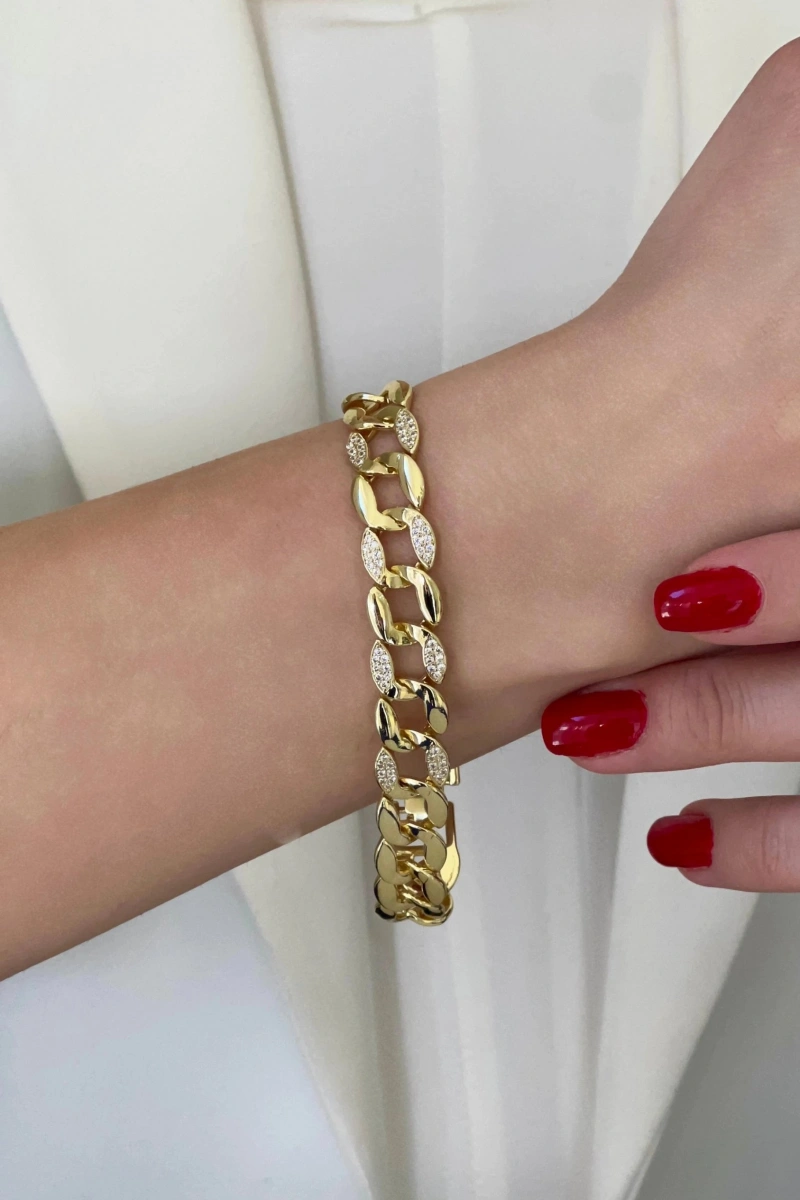 Ezme Zincir Yarı Taşlı Model Gold Altın Kaplama Bileklik