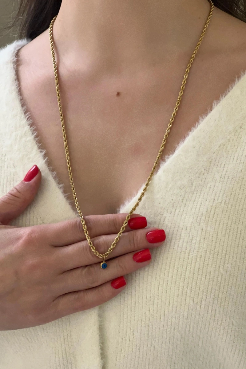 Uzun Göz Boncuklu Burgu Gold Altın Kaplama Çelik Kolye