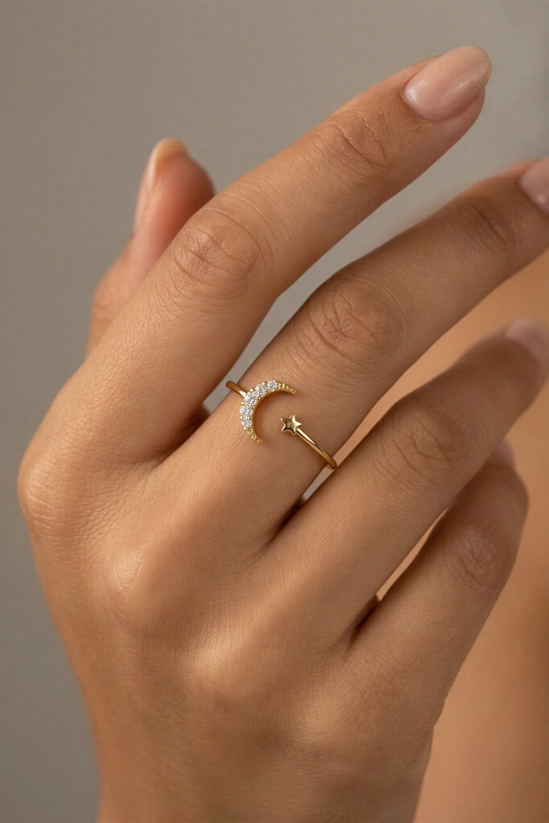 Ay Yıldız Model Taş Detay Gold Altın Kaplama Yüzük