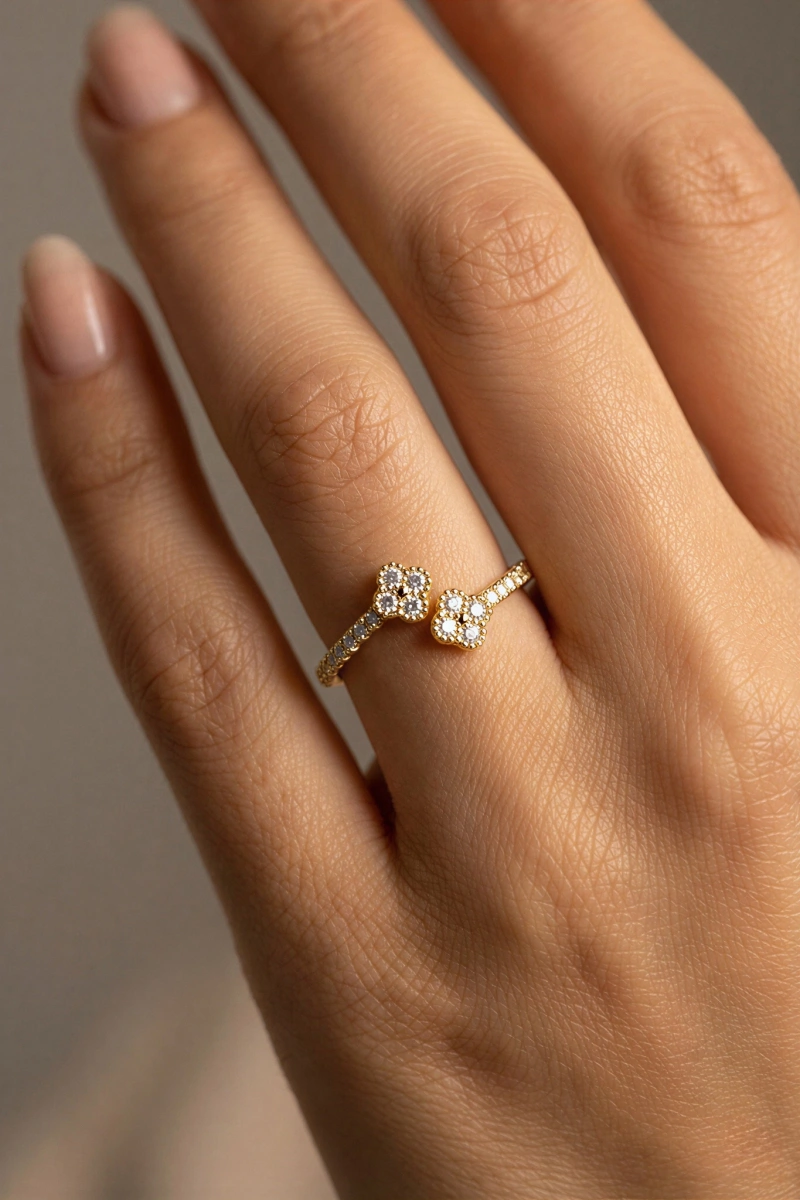 Çift Yonca Model Gold Altın Kaplama Yüzük