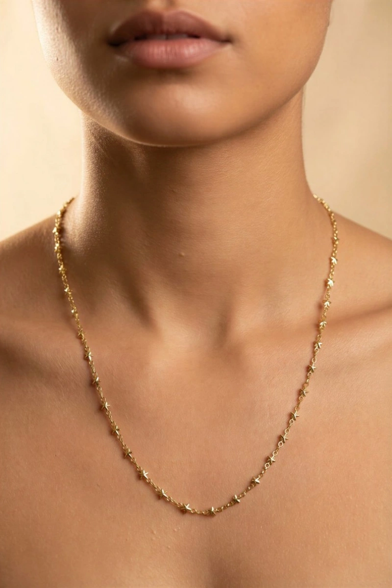 Düz Sıralı Oval Yıldız Model Gold Altın Kaplama Kolye