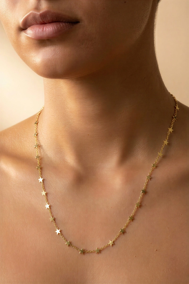 Düz Sıralı Yıldız Model Gold Altın Kaplama Kolye