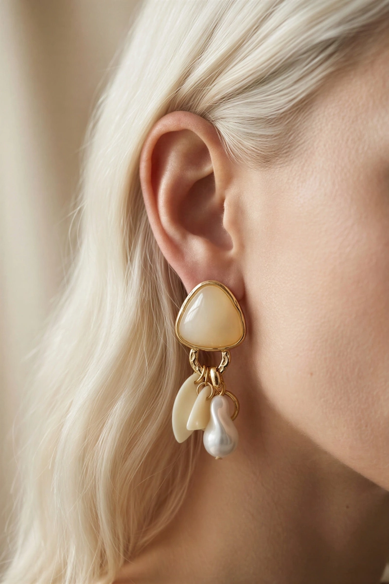 Beyaz Sarkıt Model Gold Altın Kaplama Küpe