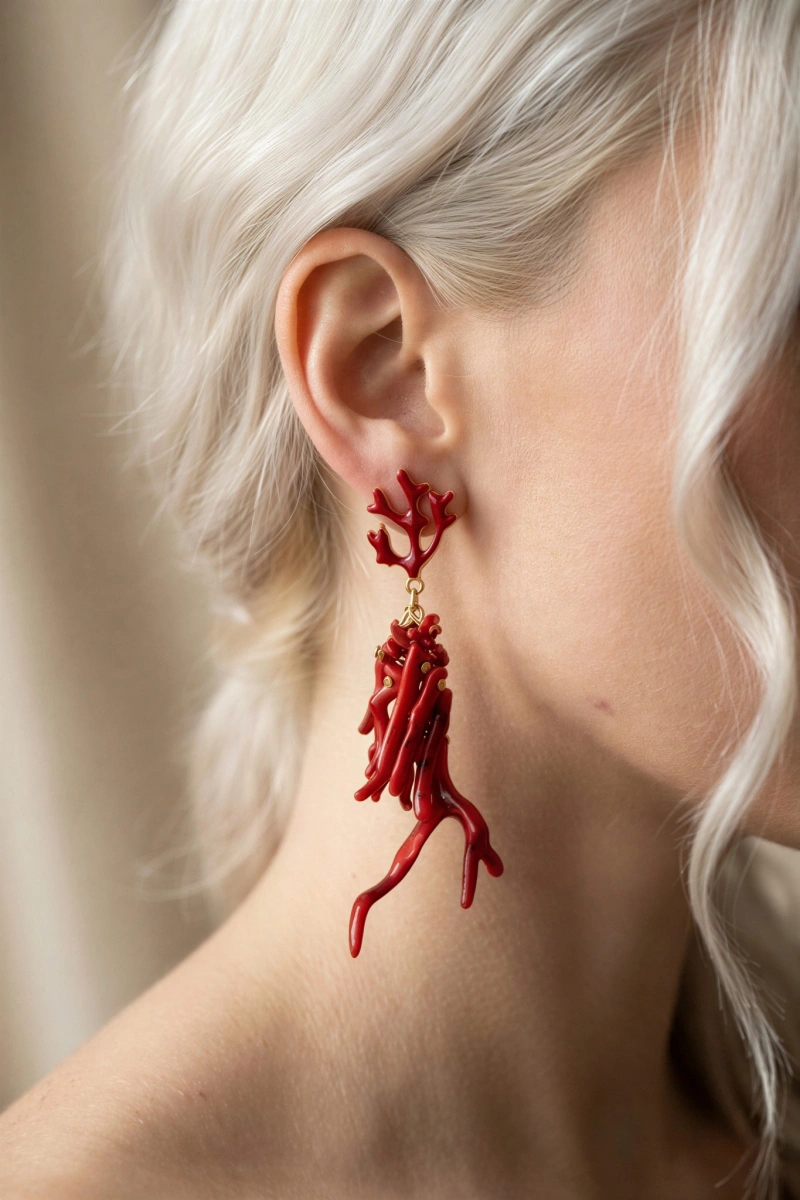 Kırmızı Boynuz Sarkıt Model Gold Altın Kaplama Küpe