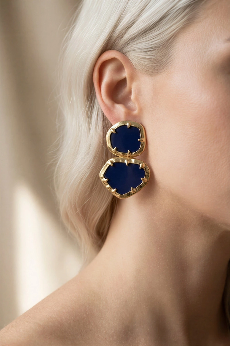 Lacivert Çift Model Gold Altın Kaplama Küpe