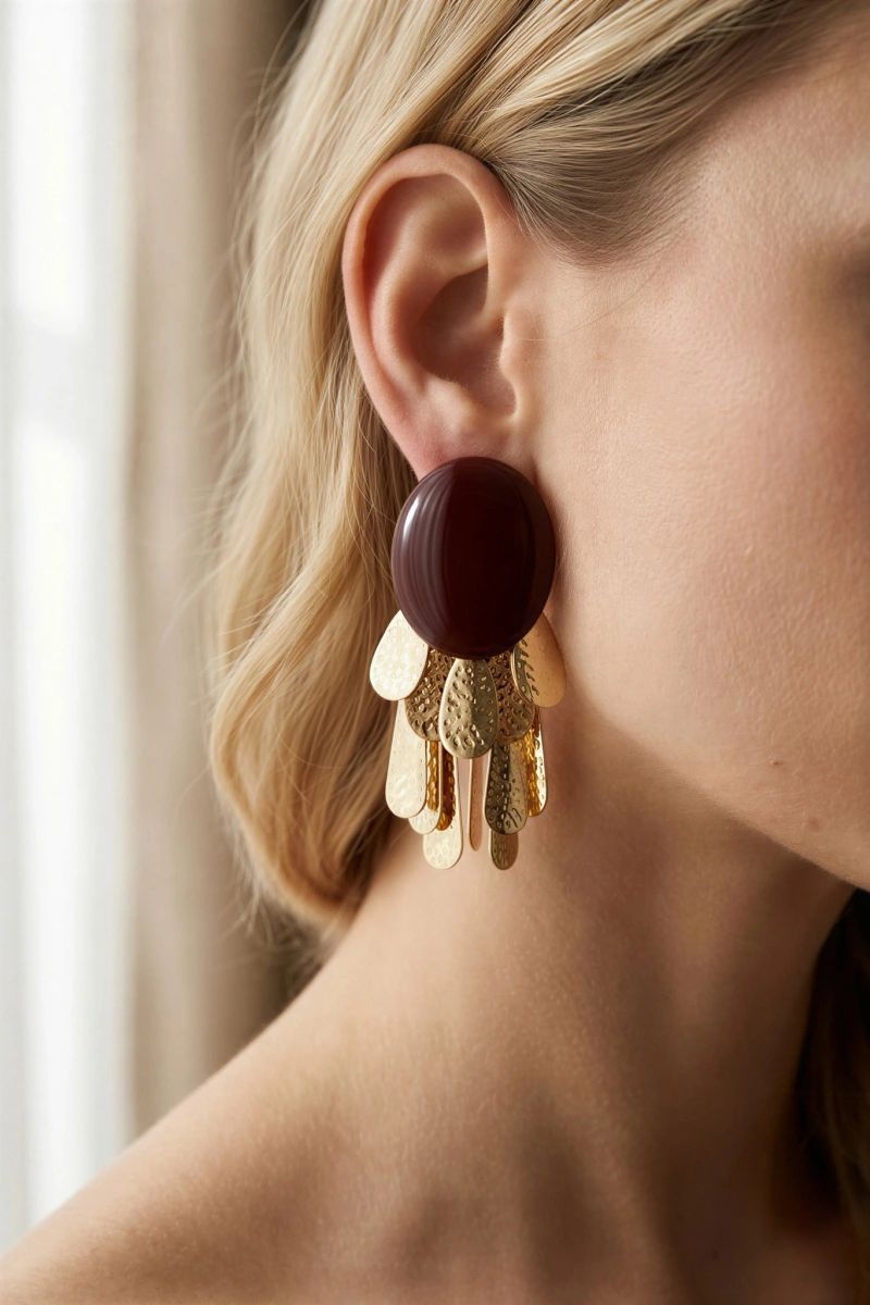 Kahverengi Desenli Sarkıt Model Gold Altın Kaplama Küpe