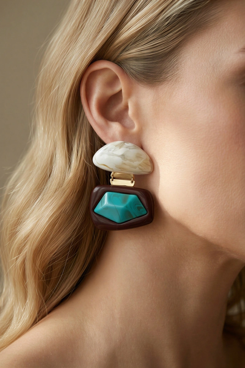 Mavi Beşgen Model Gold Altın Kaplama Küpe