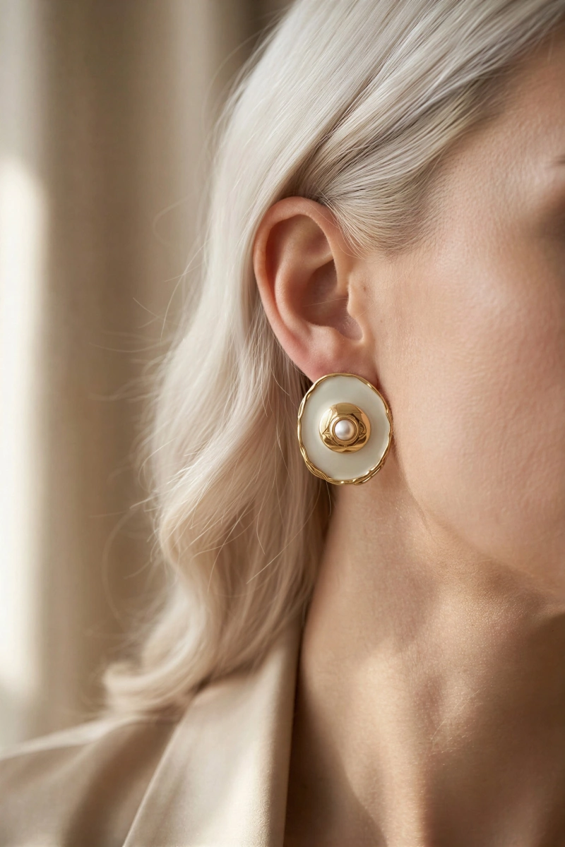 Oval İnci Model Gold Altın Kaplama Küpe