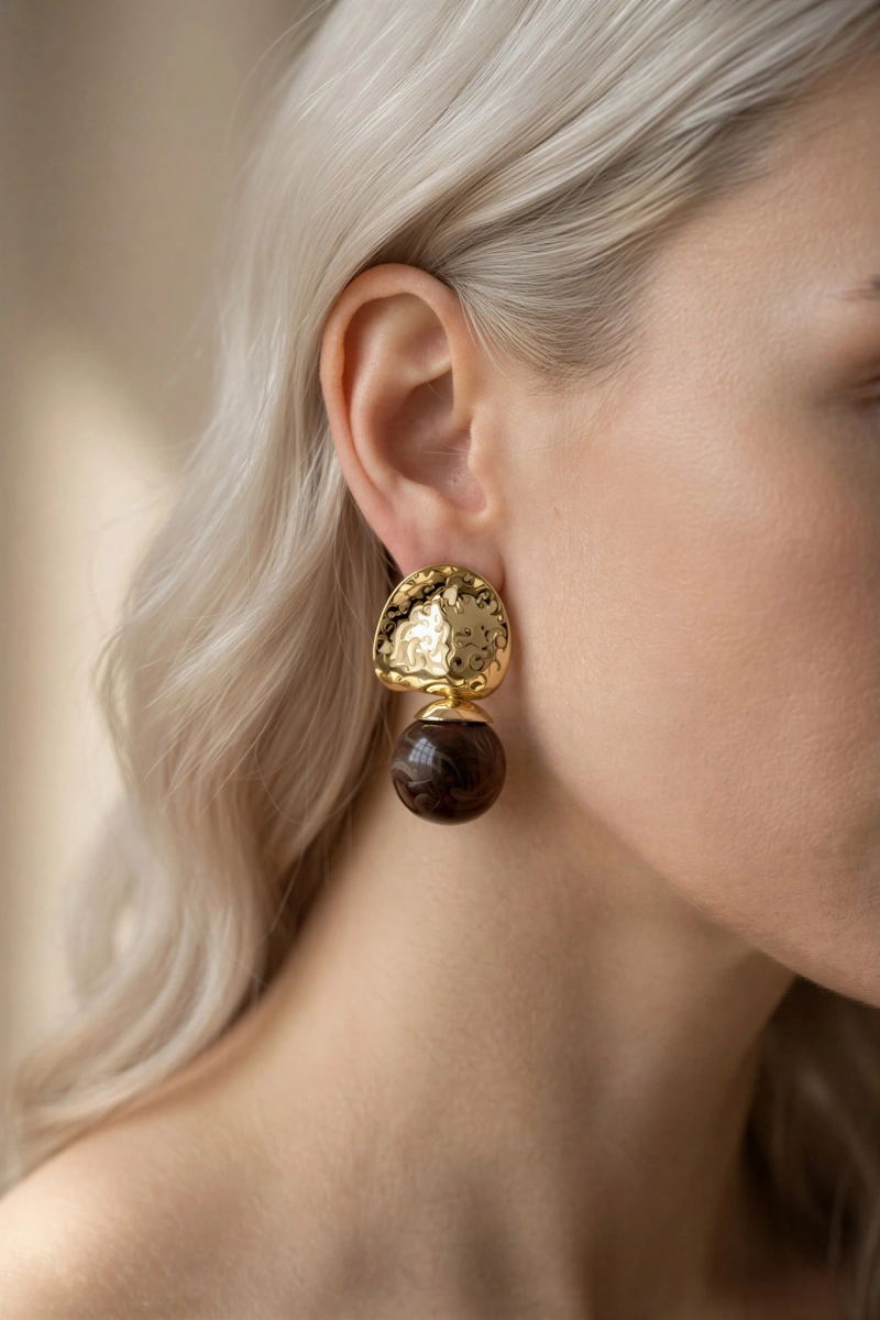 Kahve Top Model Gold Altın Kaplama Küpe