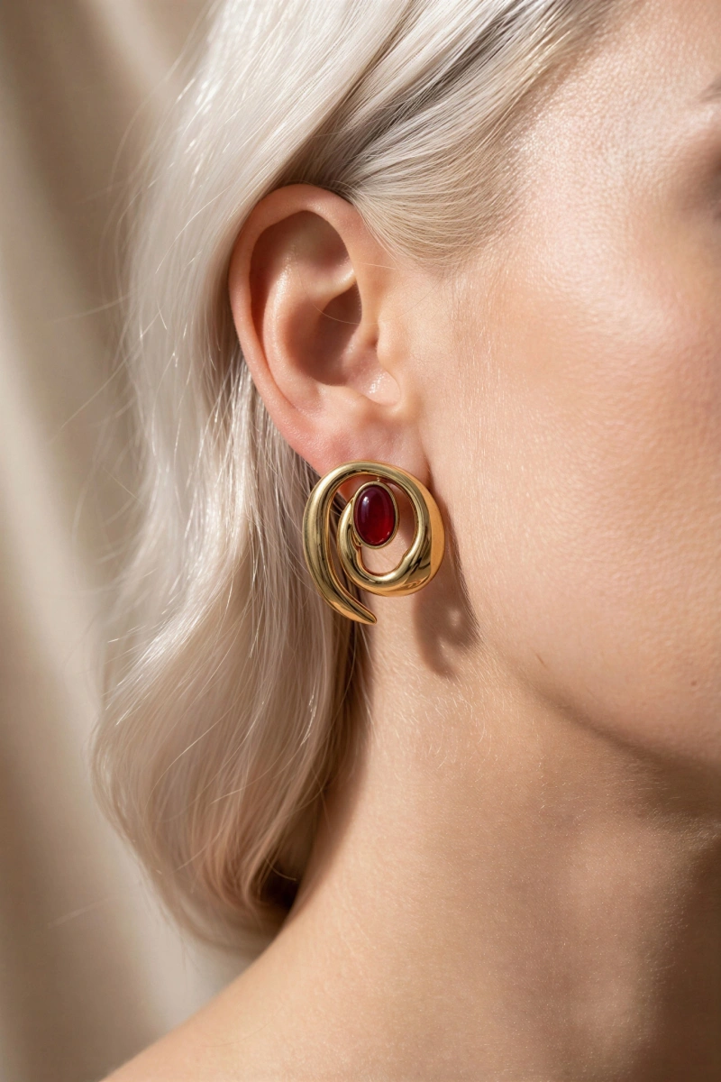 Sarmal Kırmızı Model Gold Altın Kaplama Küpe