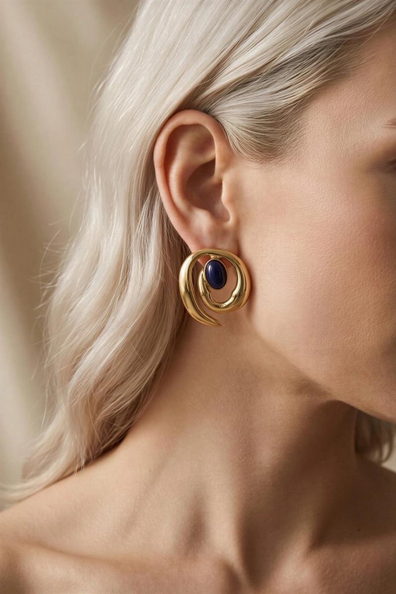 Sarmal Lacivert Model Gold Altın Kaplama Küpe