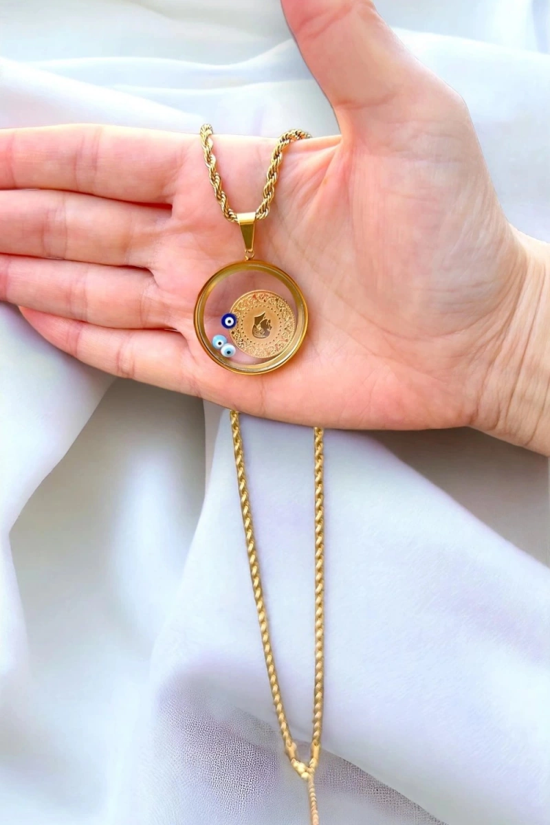 Cam Çerçeve Burgu İtalyan Zincir Osmanlı Gold Altın Kaplama Çelik Kolye