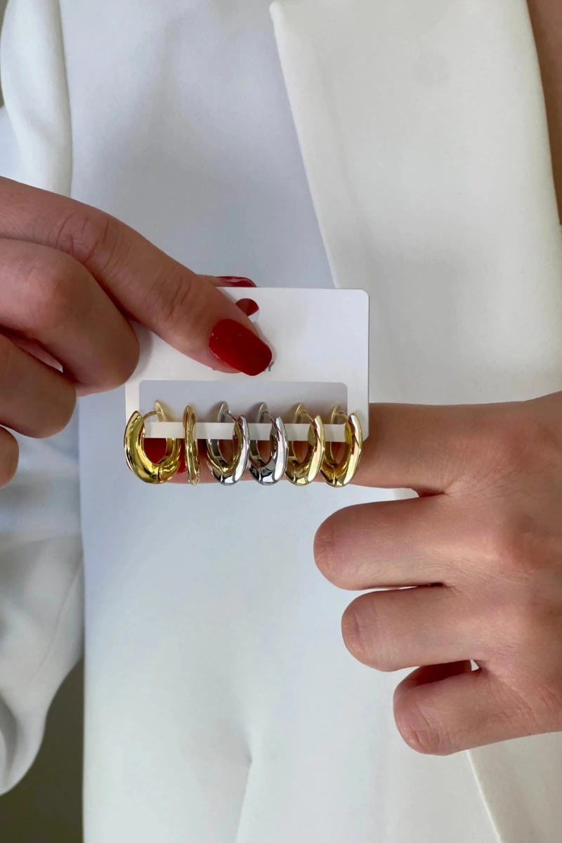 Üç Renk Halka Model Altılı Gold Altın Kaplama Çoklu Küpe