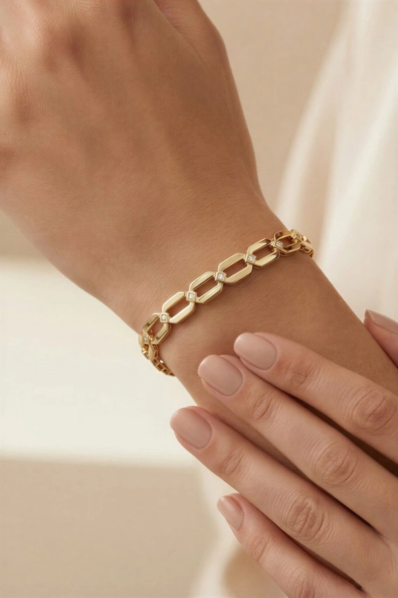 Elips Geçiş Taş Detay Gold Altın Kaplama Bileklik