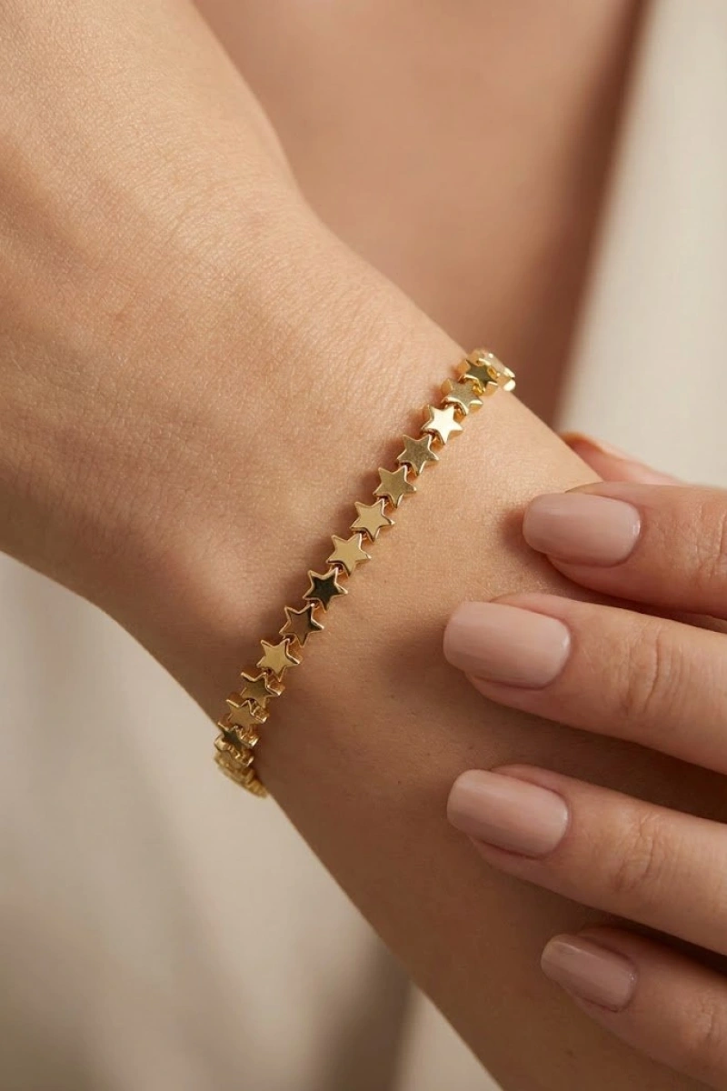 Sıralı Düz Yıldız Model Gold Altın Kaplama Bileklik