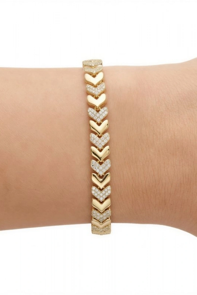 Sıralı Kalp Model Taş Detay Gold Altın Kaplama Bileklik