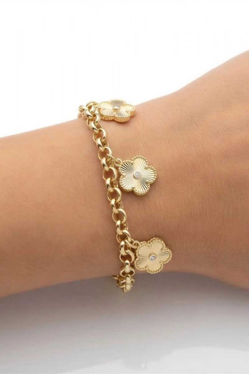 Halka Zincir Sallantılı Yonca Model Gold Altın Kaplama Bileklik