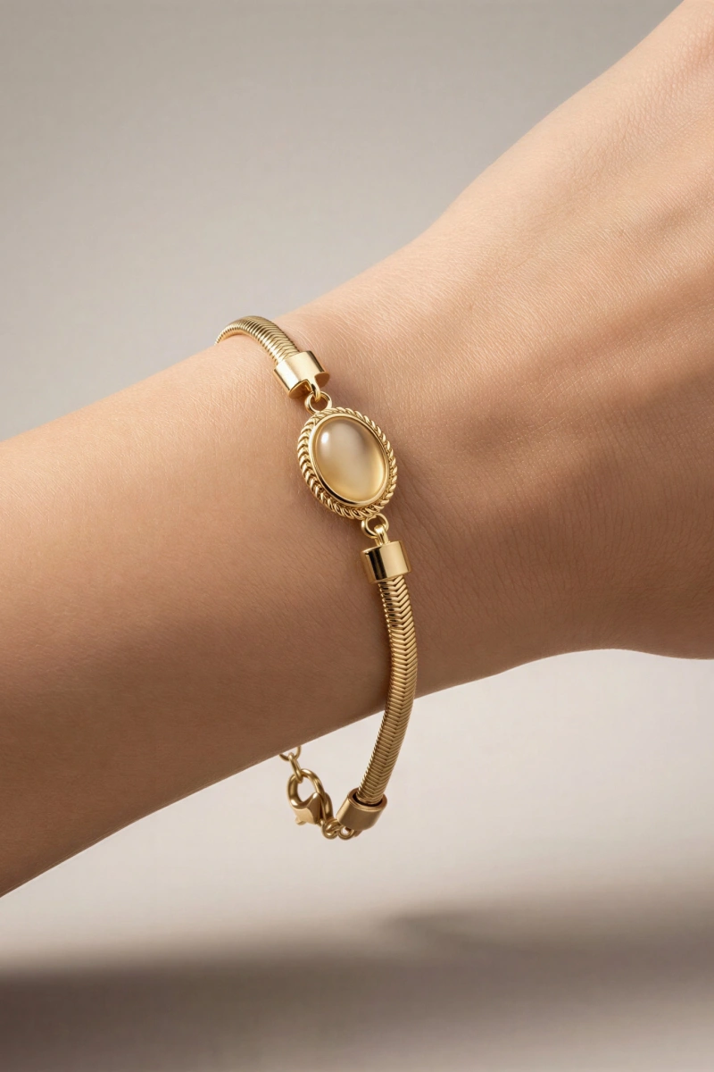 İtalyan Zincir Sedef Renk Taş Model Gold Altın Kaplama Bileklik