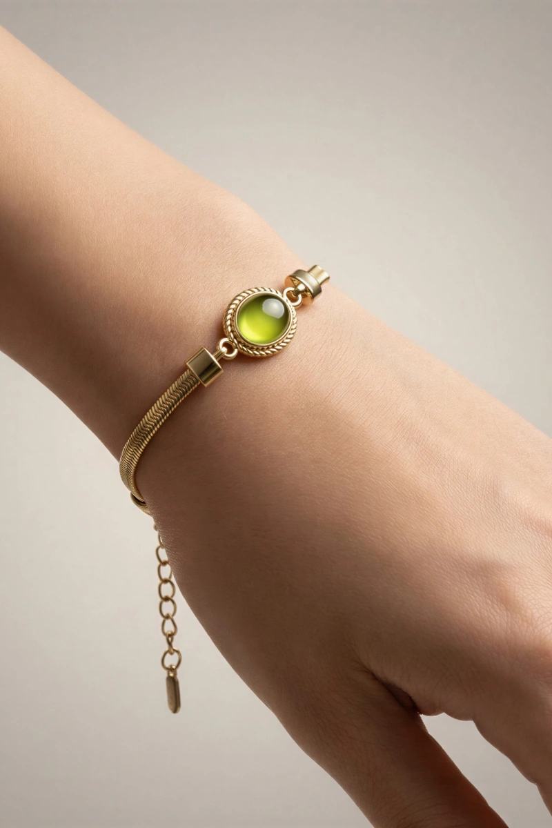 İtalyan Zincir Yeşil Renk Taş Model Gold Altın Kaplama Bileklik